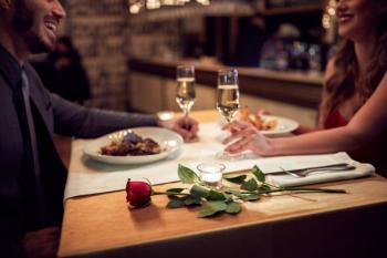 couple at romantic dinner for Valentine's Day